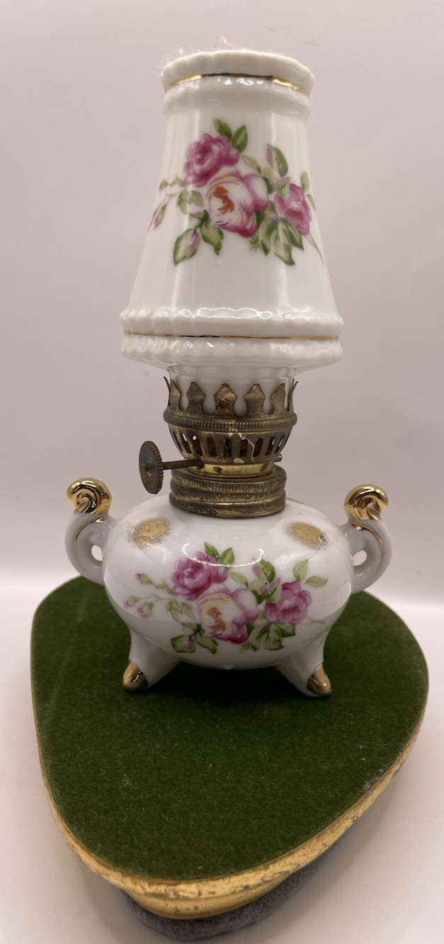 Vintage Porcelain Mini Oil Lamp Rose Floral Shade Gold Trim Made In Japan